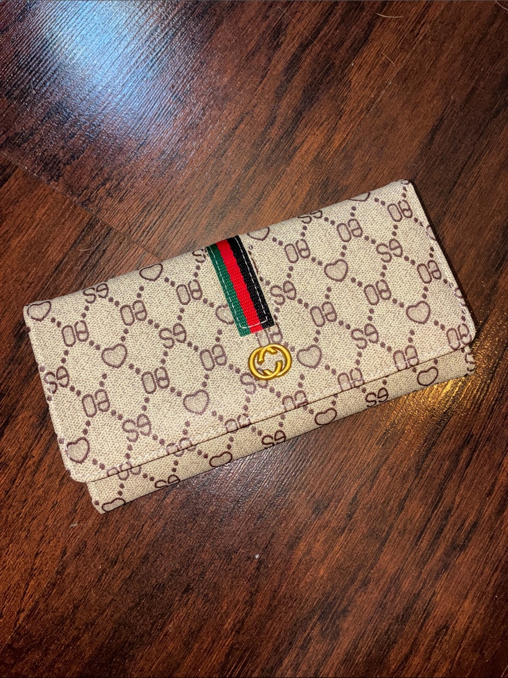 Designer-Style Beige Canvas Wallet with Green-Red Stripe